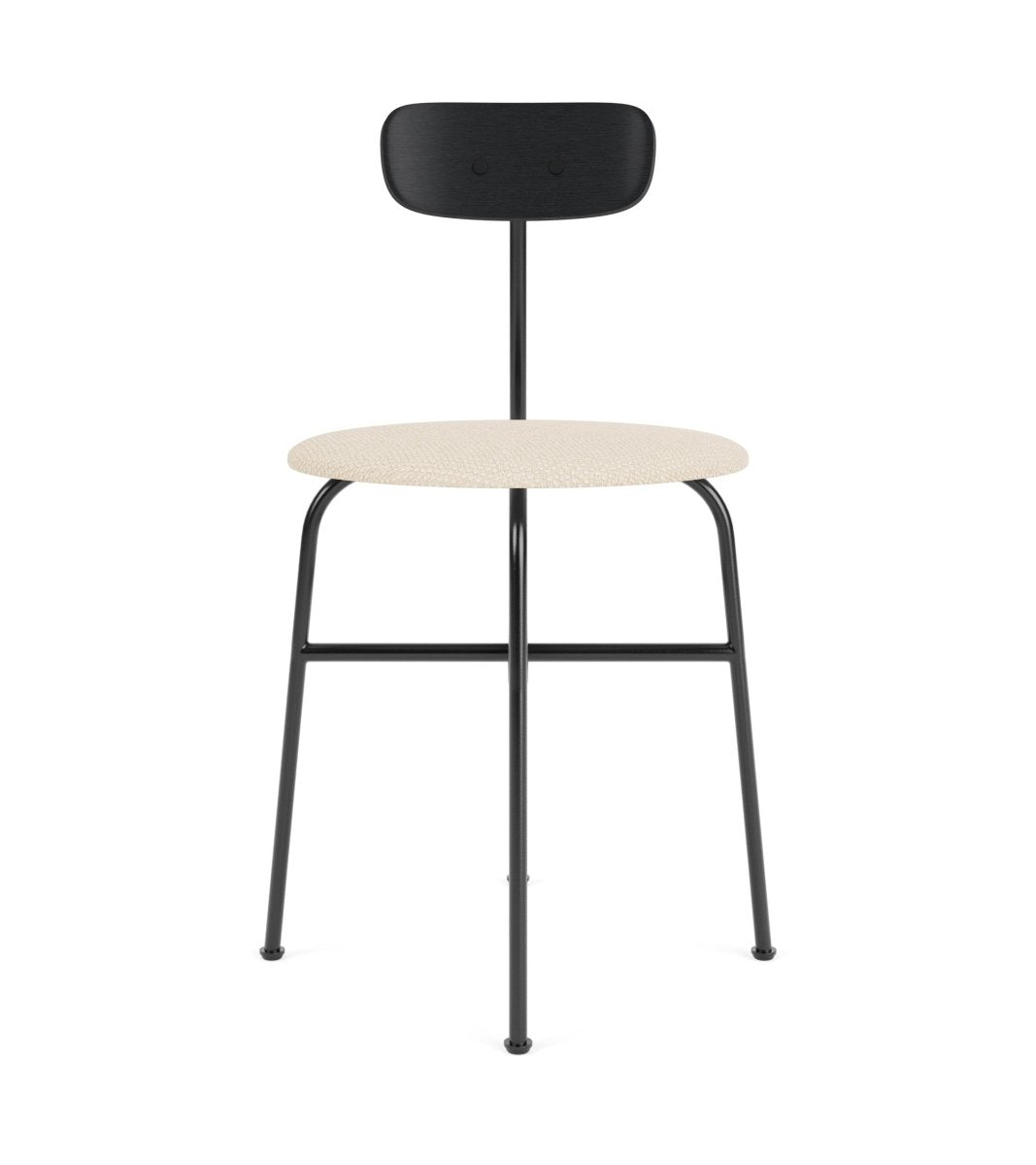 Front view of the Afteroom Dining Chair featuring a black steel frame, painted oak backrest, and jasmin upholstered seat.