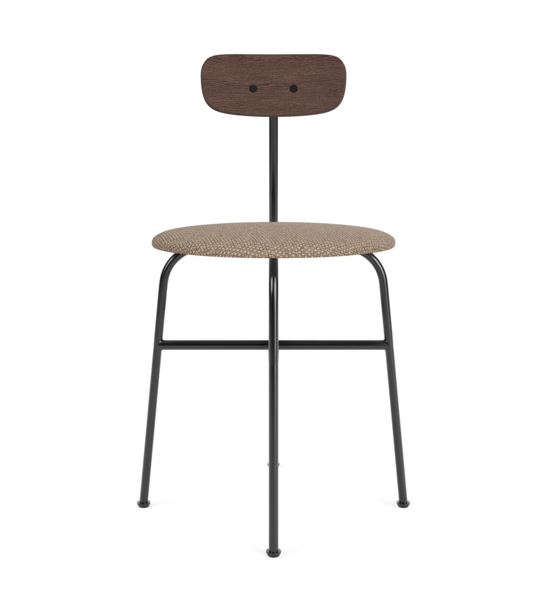 Afteroom Dining Chair with a stained oak backrest and Logan Flint upholstered seat on a black three-legged steel base.