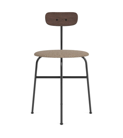 Afteroom Dining Chair with a stained oak backrest and Logan Flint upholstered seat on a black three-legged steel base.
