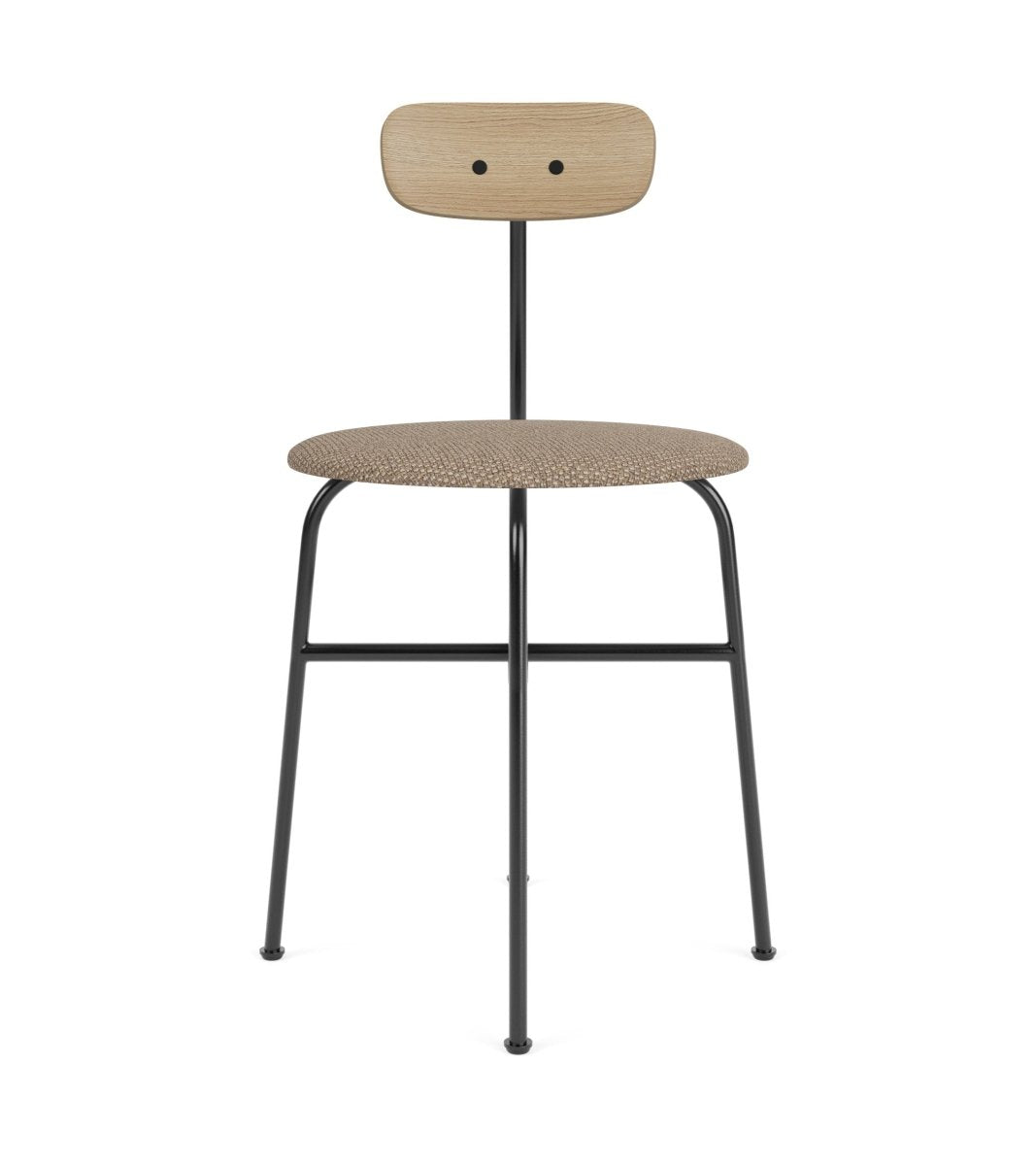Front view of the Afteroom Dining Chair with a natural oak backrest, Flint upholstered seat and black steel frame.