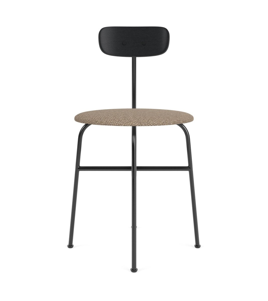 Afteroom Dining Chair with a black steel frame, black oak backrest and a textured Logan Flint upholstered seat.