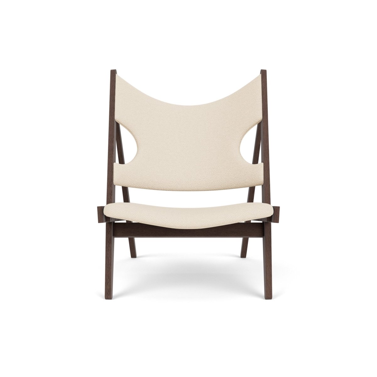 Front view of the Knitting Chair in dark-stained oak with Logan Jasmine upholstery.