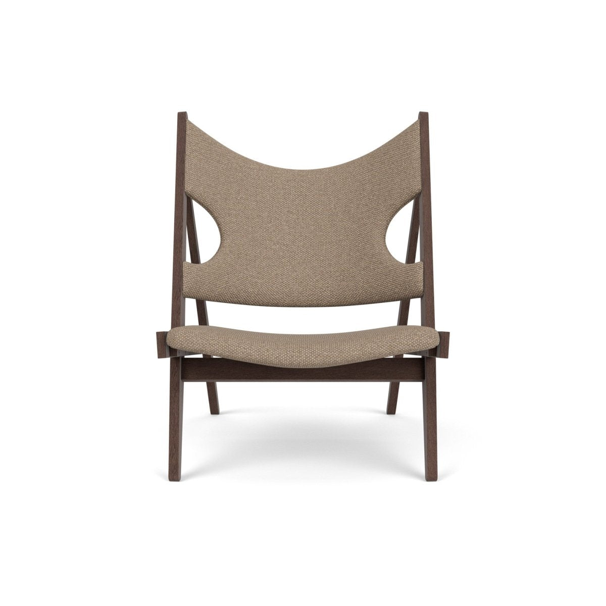 Front view of the Knitting Chair in dark stained oak with Logan Flint upholstery against a plain background.