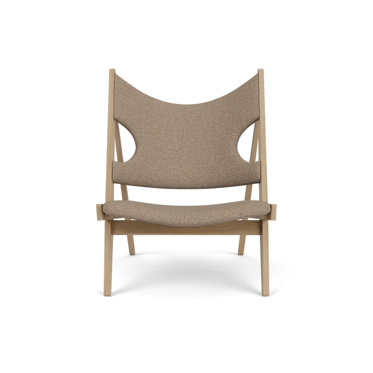 Front view of the Knitting Chair in natural oak with textured upholstery, set against a plain white background.
