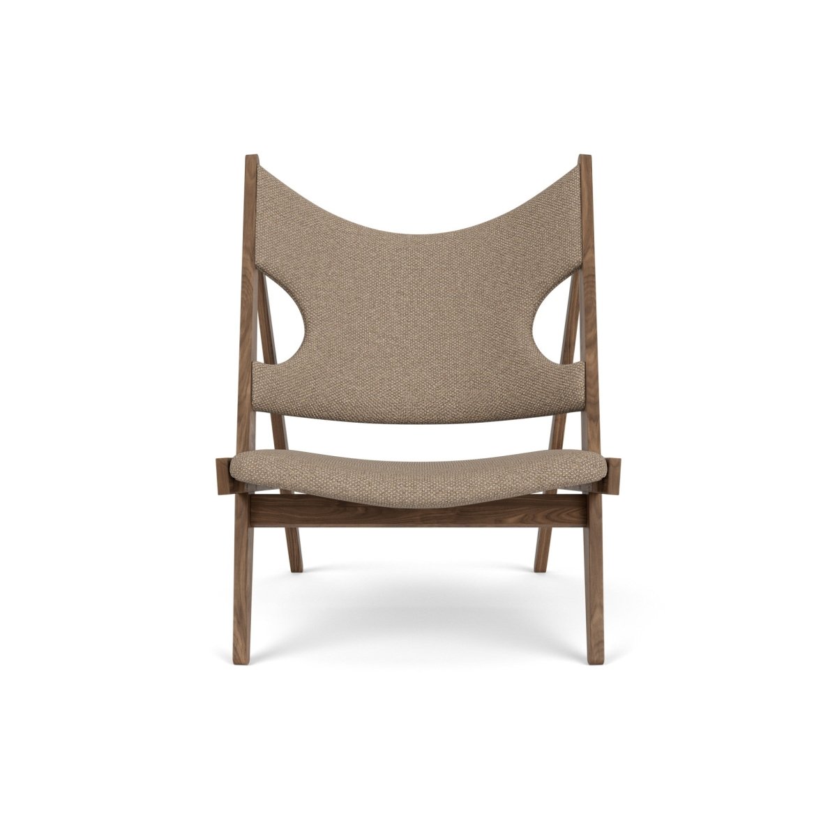 Front view of the Knitting Chair in walnut with grey fabric, featuring signature elbow cut-outs and a low-slung design.