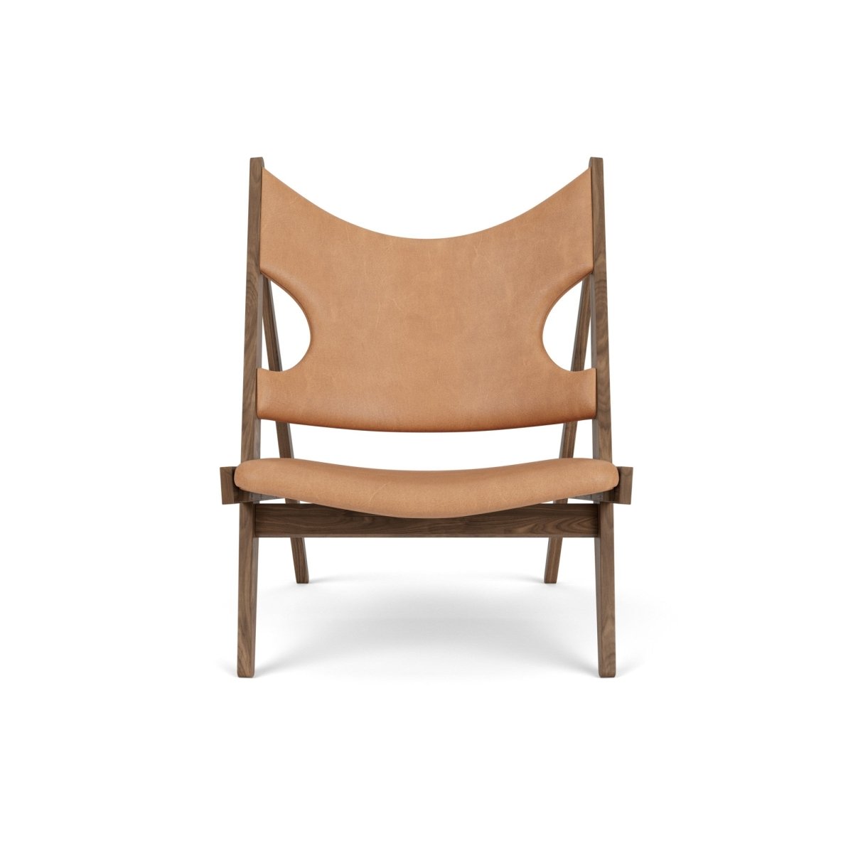 Front view of the Knitting Chair in walnut with Dunes Camel leather upholstery against a white background.