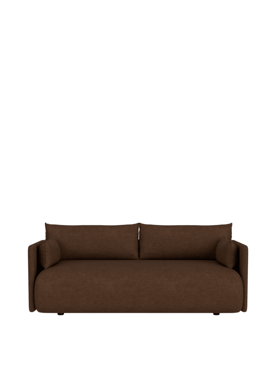 Brown upholstered two-seater sofa with rounded cushions, low profile backrest and slim armrests, front-facing on white