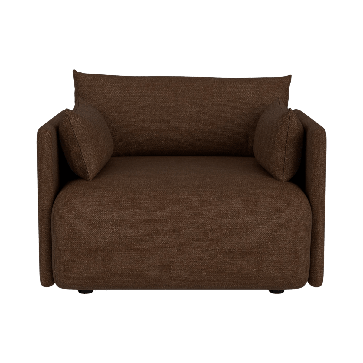 Front view of the Offset Sofa 1-Seater upholstered in brown bouclé fabric with matching side cushions.