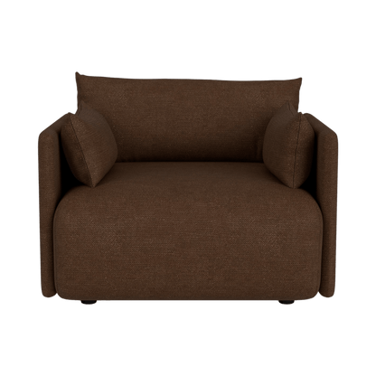 Front view of the Offset Sofa 1-Seater upholstered in brown bouclé fabric with matching side cushions.
