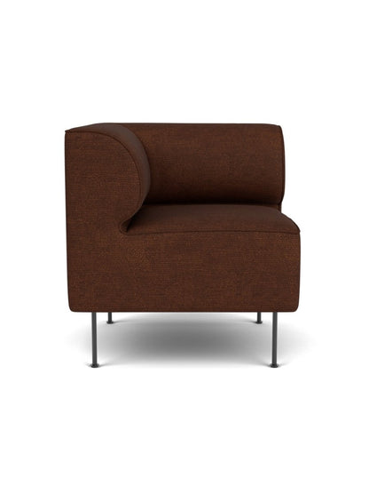 A front-facing studio shot of the Eave Dining Sofa, Corner module, upholstered in dark brown bouclé with a curved back.