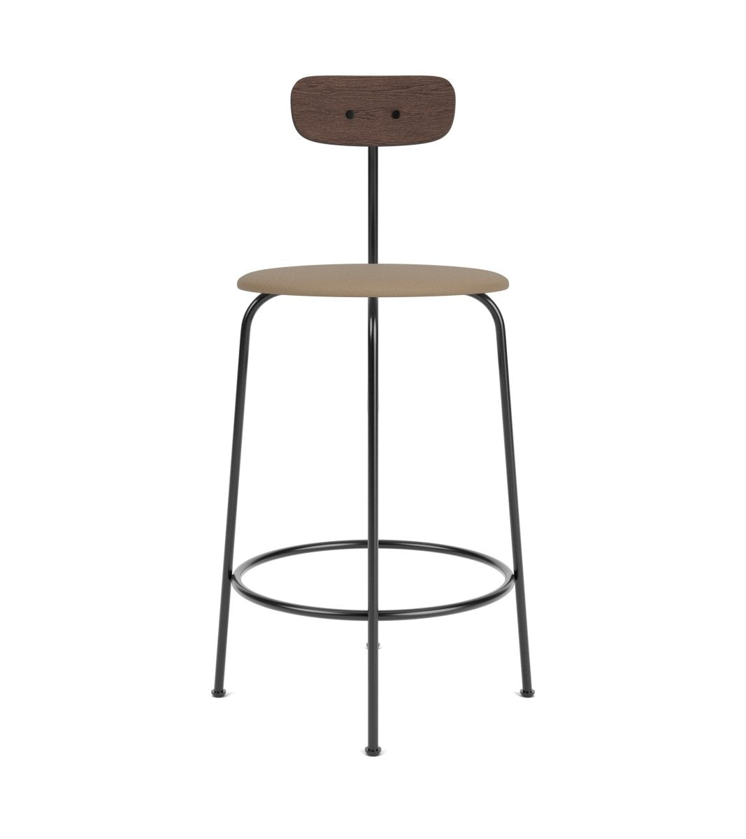 Afteroom Bar & Counter Chair with a tan Sierra 1611 upholstered seat, dark wood backrest, and black steel frame.