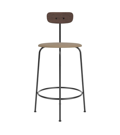 Afteroom Bar & Counter Chair with a tan Sierra 1611 upholstered seat, dark wood backrest, and black steel frame.