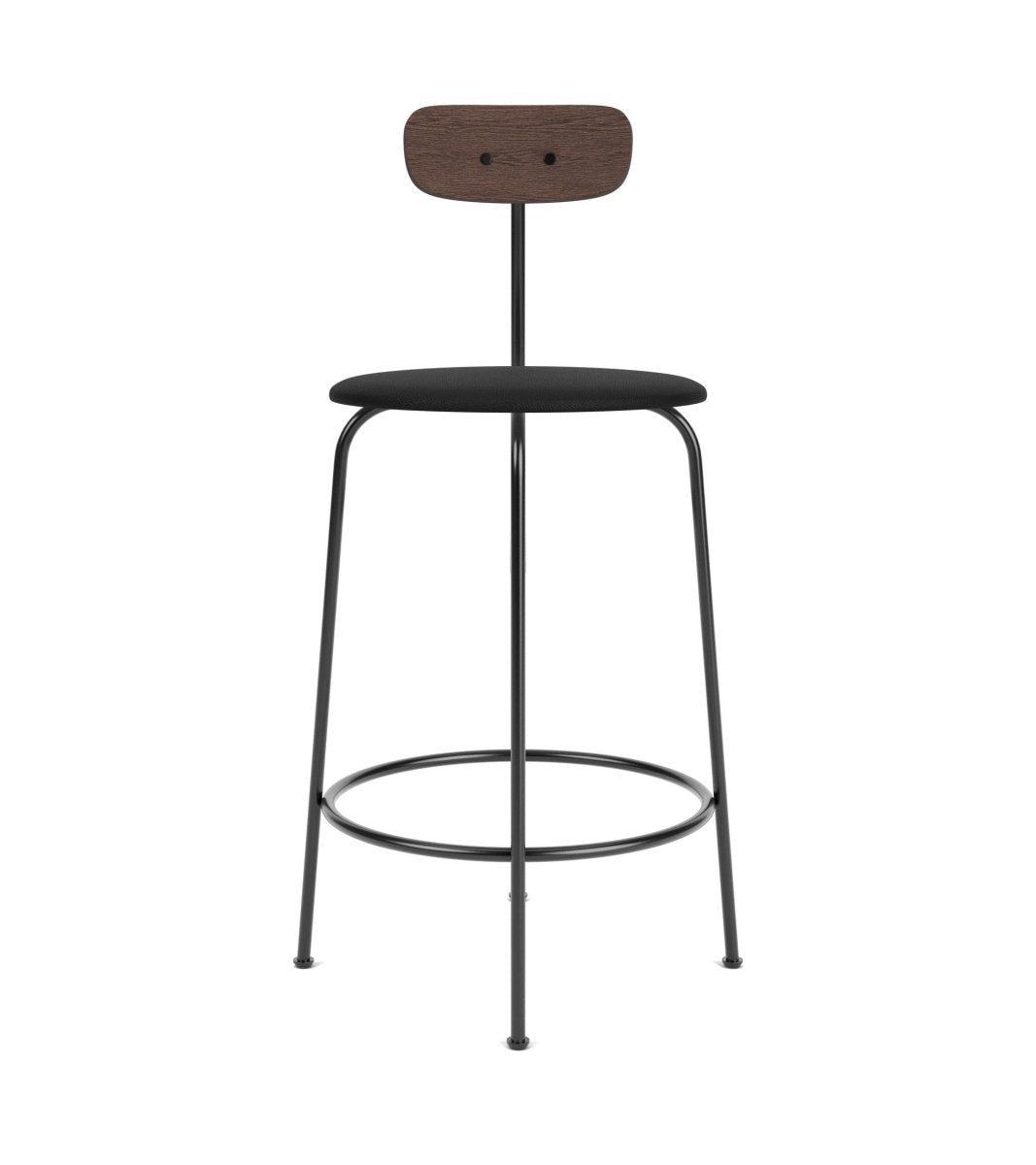 Afteroom Bar & Counter Chair with black Sierra 1001 upholstered seat, dark wood backrest, and black powder-coated frame.