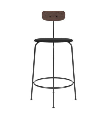 Afteroom Bar & Counter Chair with black Sierra 1001 upholstered seat, dark wood backrest, and black powder-coated frame.