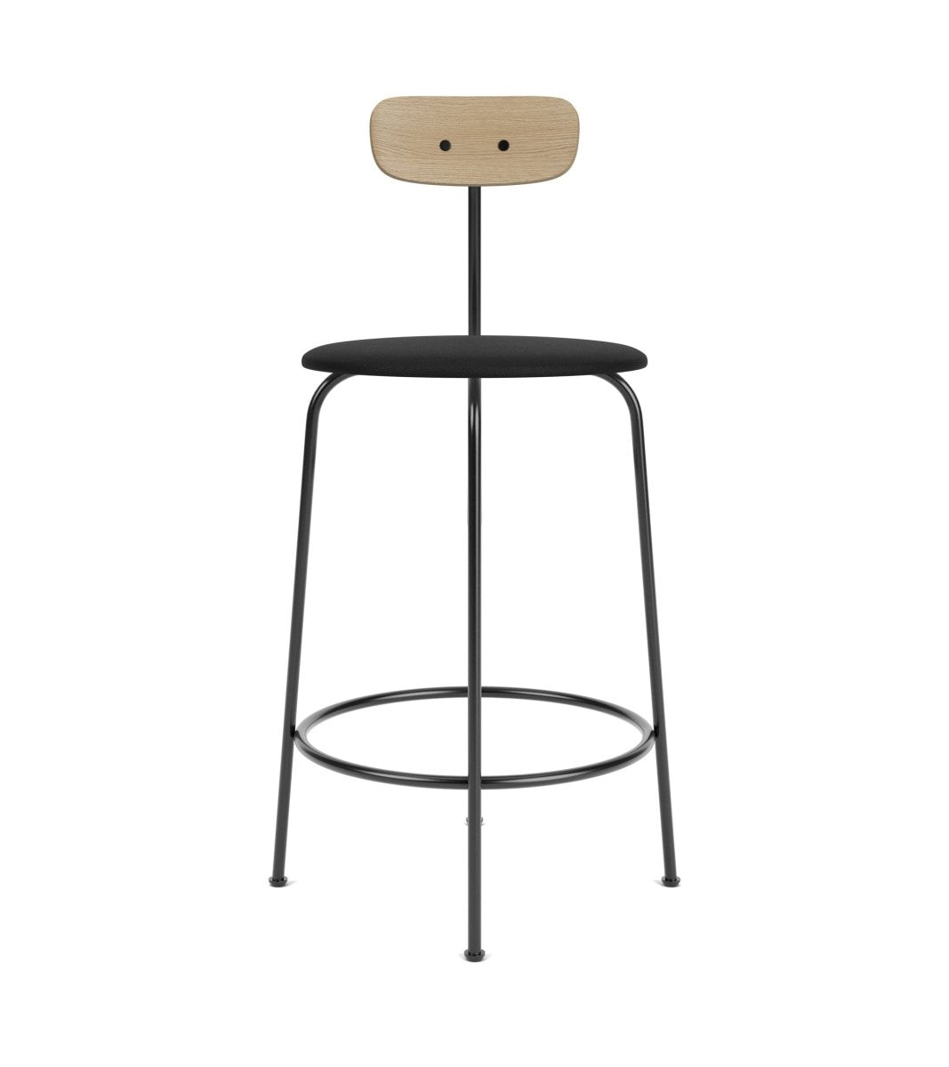 Afteroom Bar & Counter Chair featuring a black upholstered seat, light wood backrest, and a minimalist black steel frame.