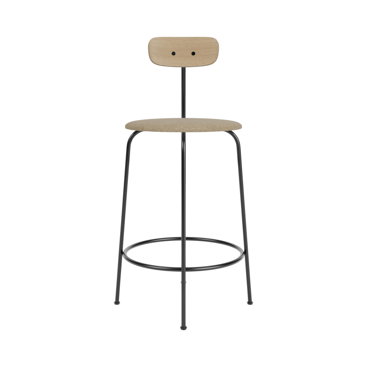 Afteroom Counter Chair with a natural oak backrest, black steel frame, and a textured beige bouclé upholstered seat.