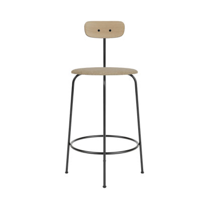 Afteroom Counter Chair with a natural oak backrest, black steel frame, and a textured beige bouclé upholstered seat.