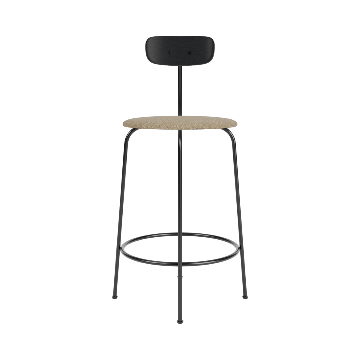 Afteroom Counter Chair with a black painted oak back and a textured beige Bouclé 02 upholstered seat on a black frame.