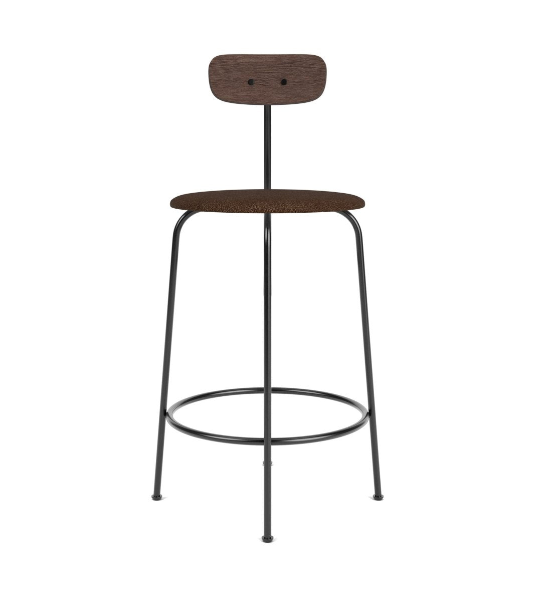 Afteroom Bar & Counter Chair featuring a black steel frame, dark-stained wood backrest, and brown upholstered seat.