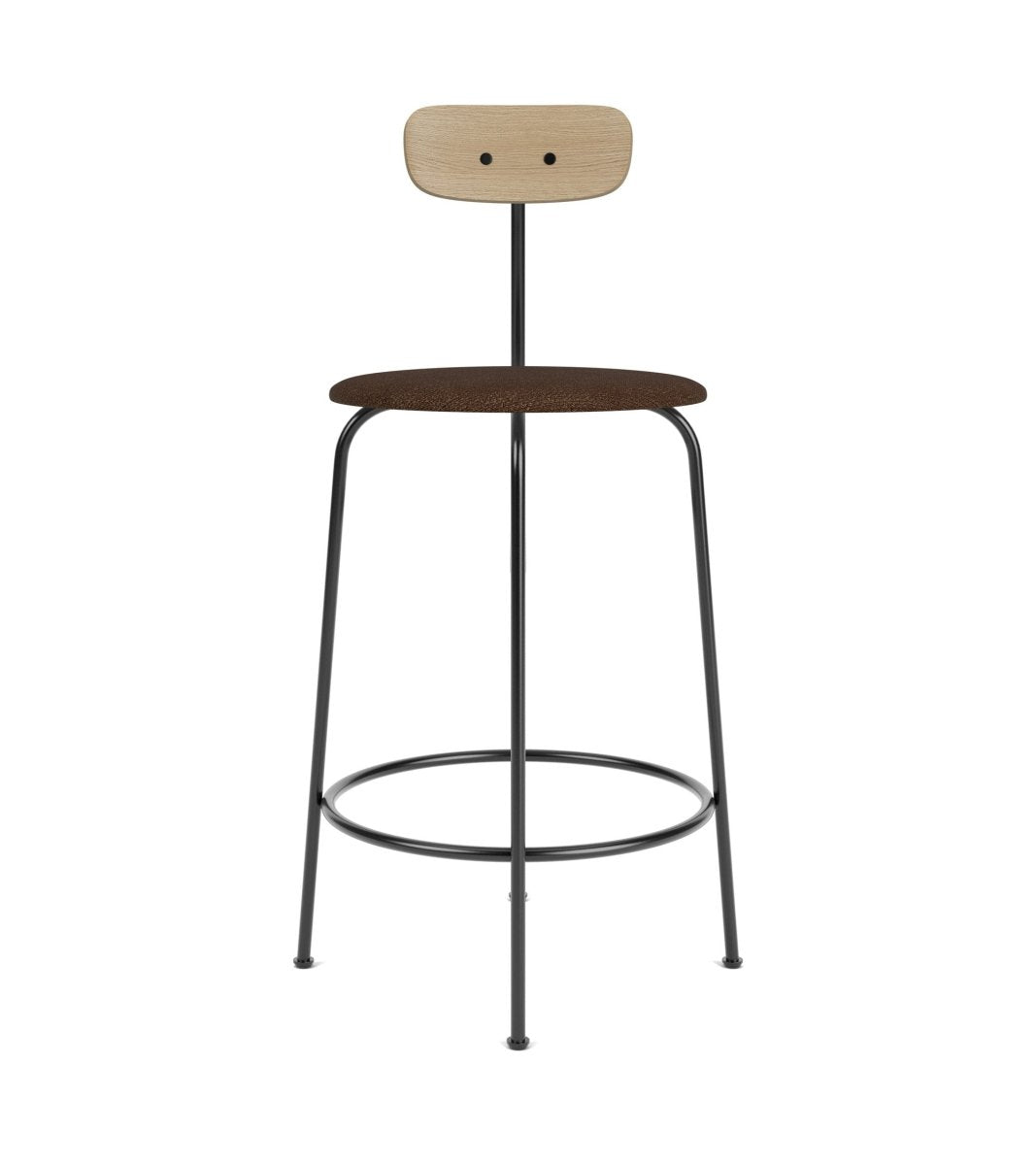 Front view of the Afteroom Bar & Counter Chair with a black steel frame, brown upholstered seat and natural oak backrest.