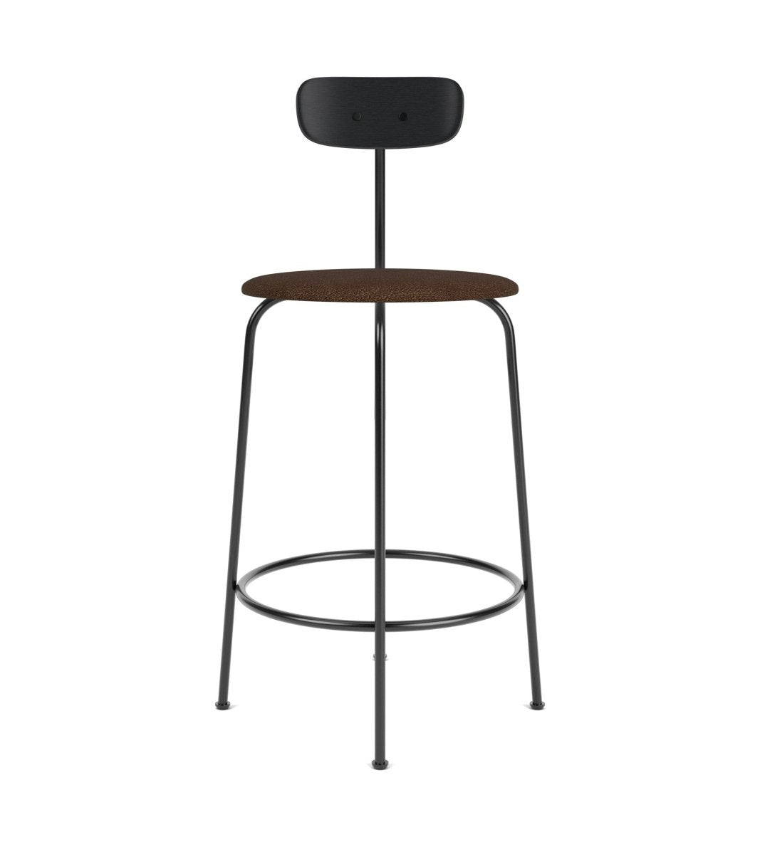 Afteroom Bar Chair with a brown bouclé upholstered seat, black painted oak backrest, and a minimalist steel frame.