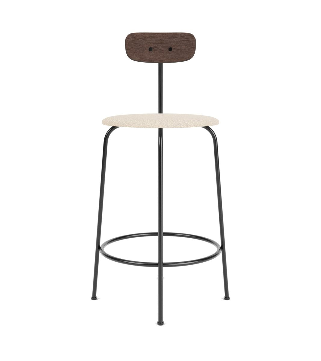 Afteroom Bar & Counter Chair featuring a dark-stained oak backrest and Logan Jasmine upholstered seat on a black frame.