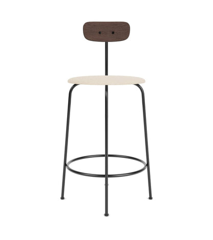Afteroom Bar & Counter Chair featuring a dark-stained oak backrest and Logan Jasmine upholstered seat on a black frame.