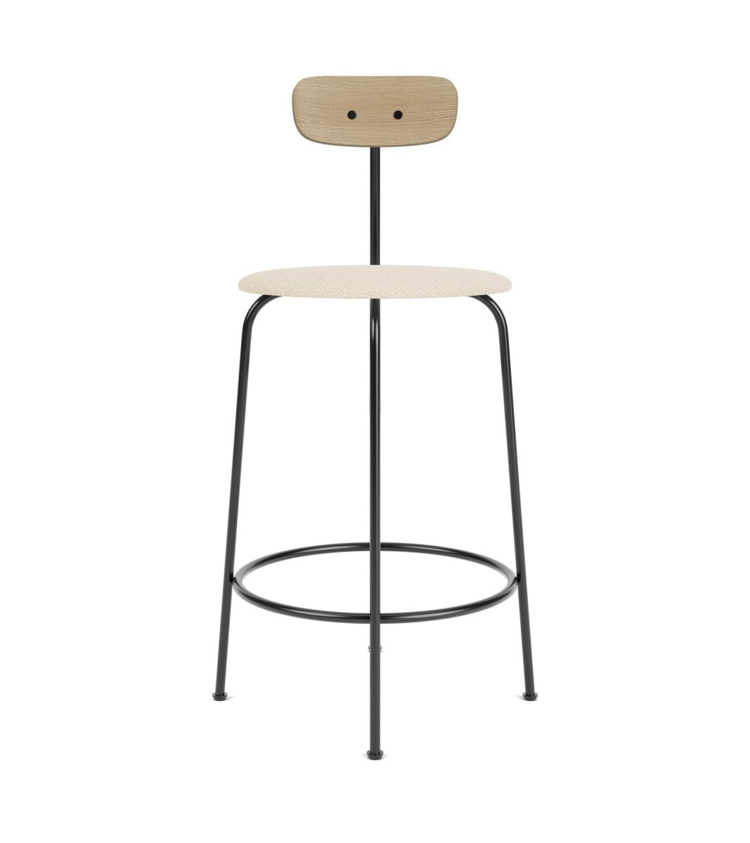 Afteroom Bar & Counter Chair featuring a beige upholstered seat, natural oak backrest, and black powder-coated steel frame.
