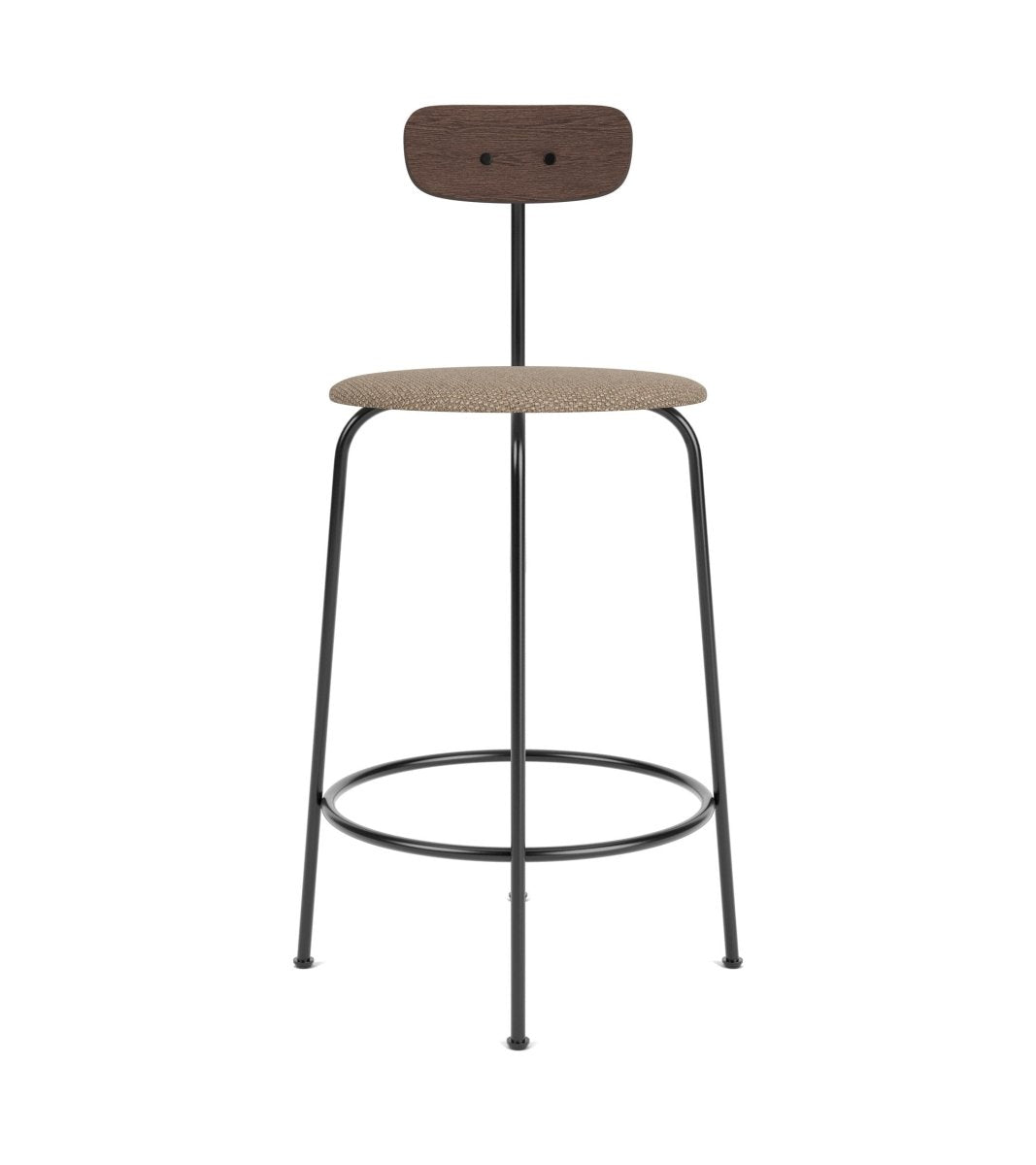 Afteroom Bar & Counter Chair with a black steel frame, beige upholstered seat, and dark-stained wood backrest.