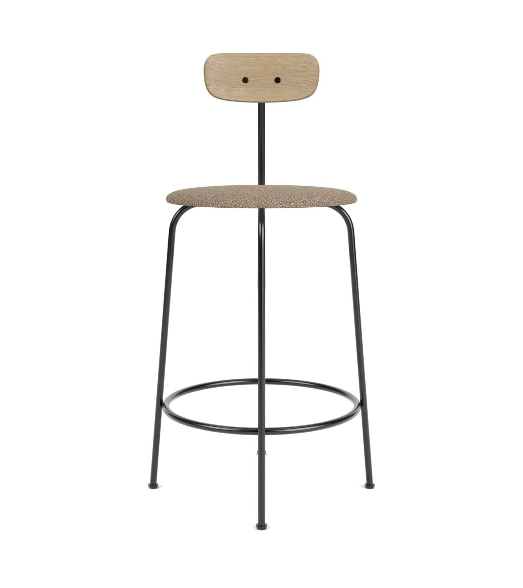 Afteroom Bar Chair featuring a light oak backrest, brown upholstered seat and a minimalist black steel frame.