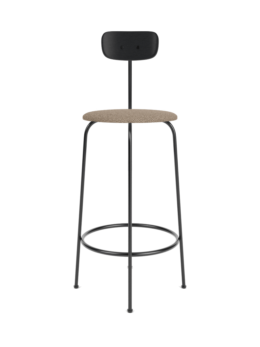 Afteroom Bar & Counter Chair with a black steel frame, black wood backrest, and textured brown upholstered seat.