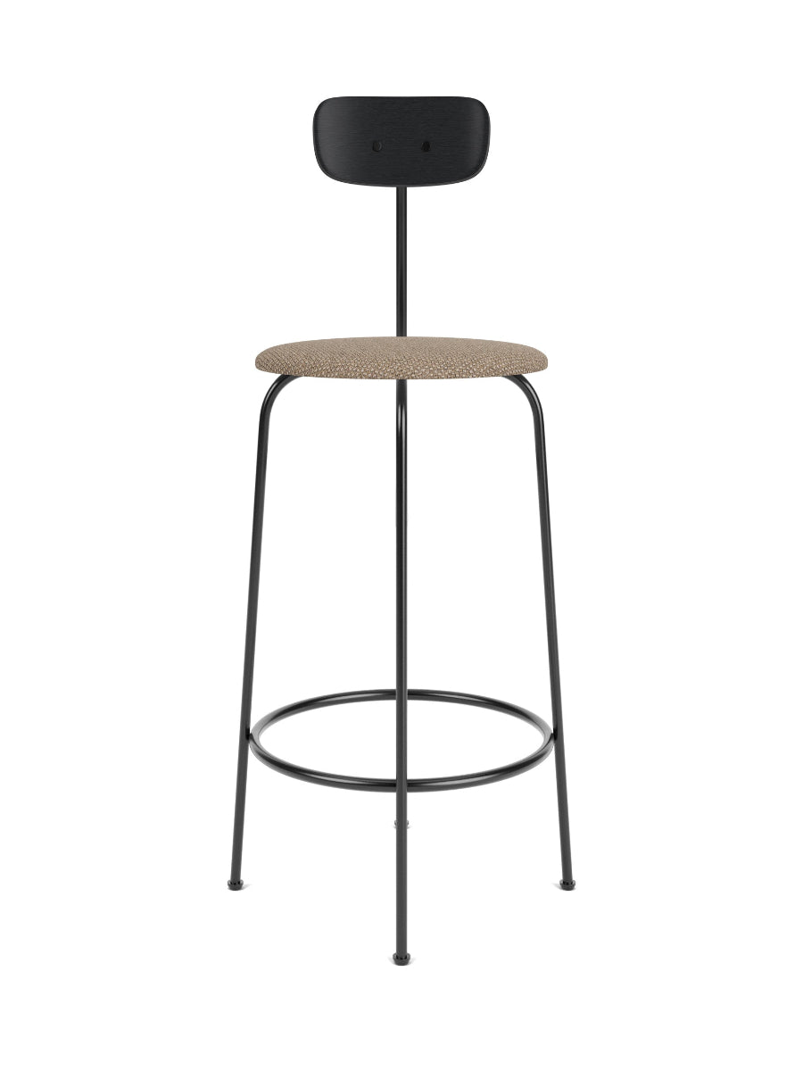Afteroom Bar & Counter Chair with a black steel frame, black wood backrest and a textured brown upholstered seat.