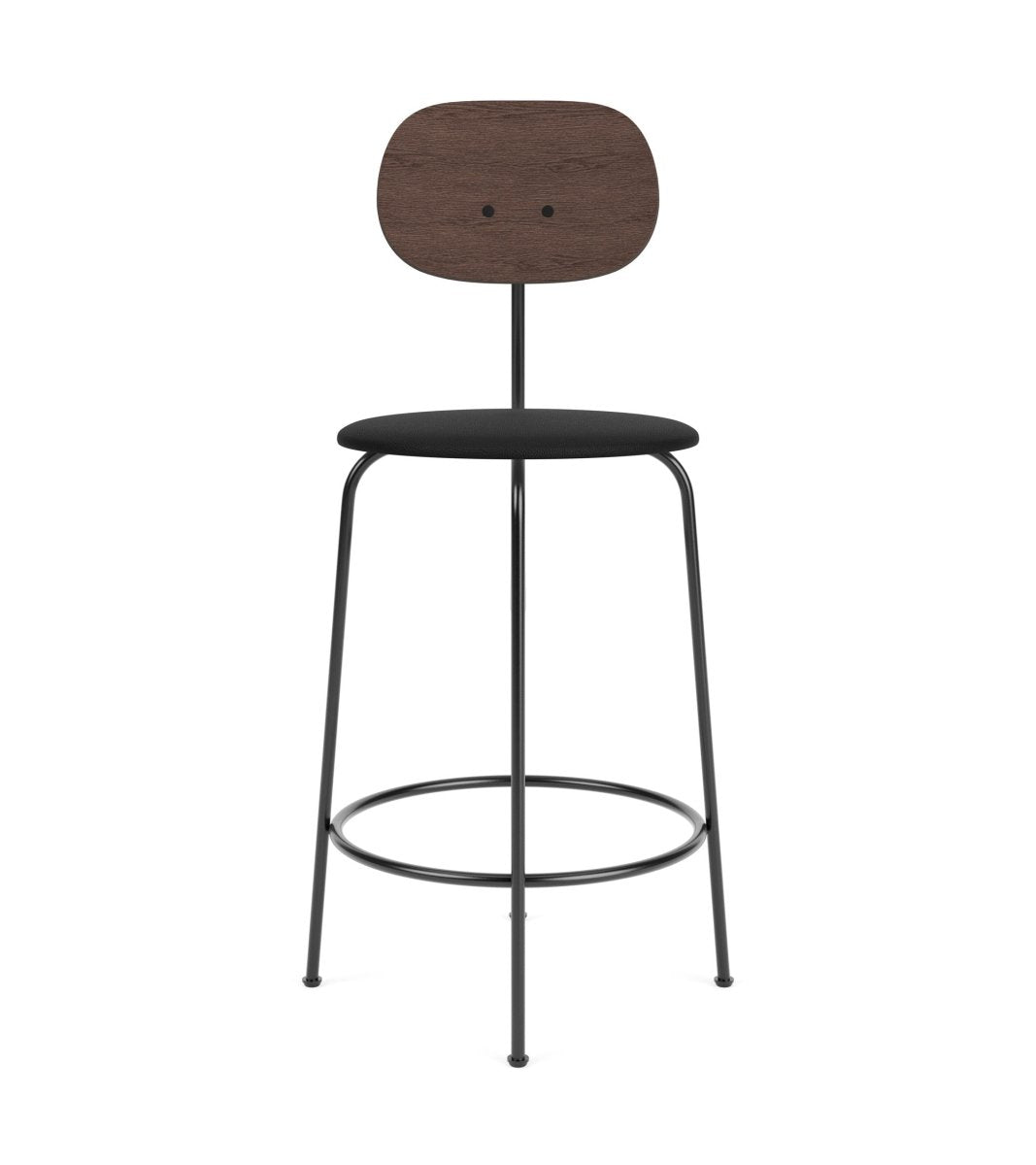 Front view of the Afteroom Plus Bar & Counter Chair with a black upholstered seat and dark oak veneer backrest.