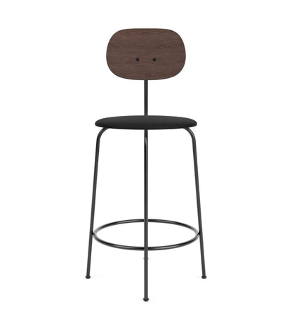 Front view of the Afteroom Plus Bar & Counter Chair with a black upholstered seat and dark oak veneer backrest.