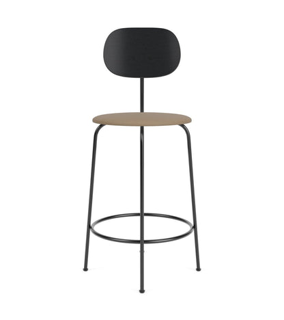 Afteroom Plus Bar and Counter Chair with a black oak backrest, tan Sierra 1611 seat, and slender black metal frame.
