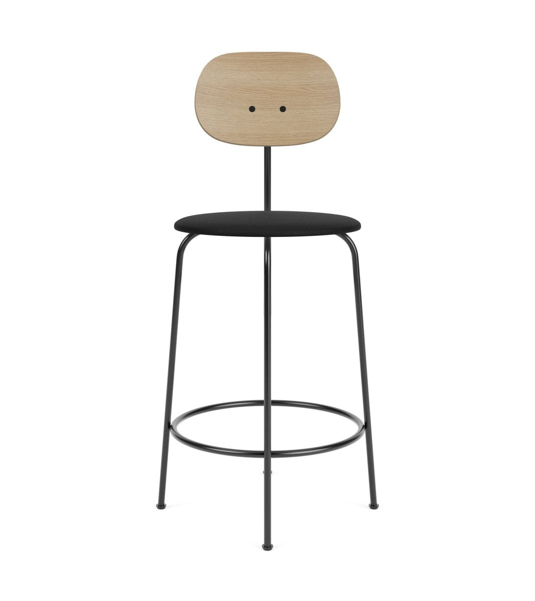Afteroom Plus Bar & Counter Chair with a light oak backrest and black upholstered seat on a minimalist black metal frame.