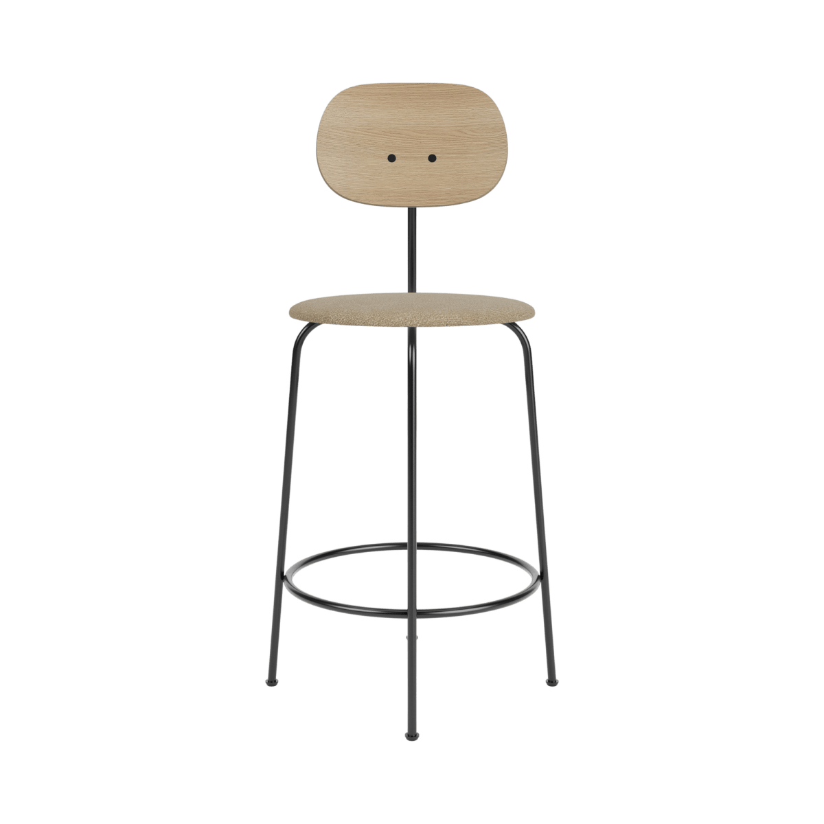 Afteroom Plus Counter Chair with a natural oak backrest, neutral bouclé upholstered seat and black steel frame.