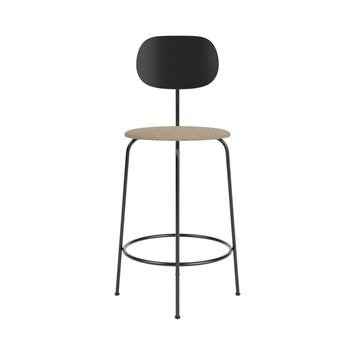 Afteroom Plus Counter Chair with a black painted oak backrest, beige Audo Bouclé seat, and a black steel frame.