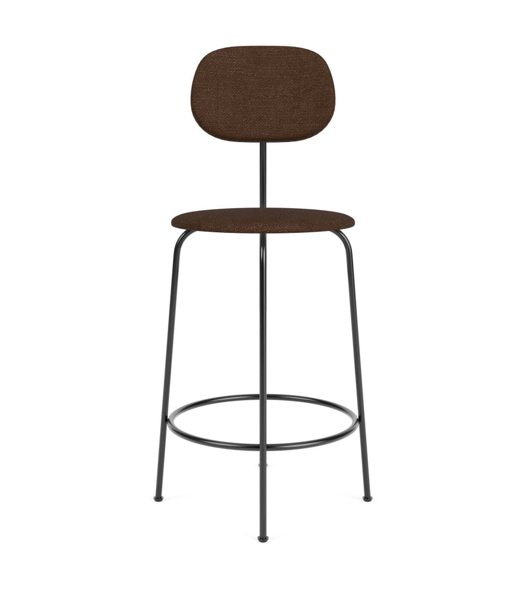 Afteroom Plus Bar & Counter Chair, Fully Upholstered in brown bouclé with a minimalist black metal frame and foot ring.