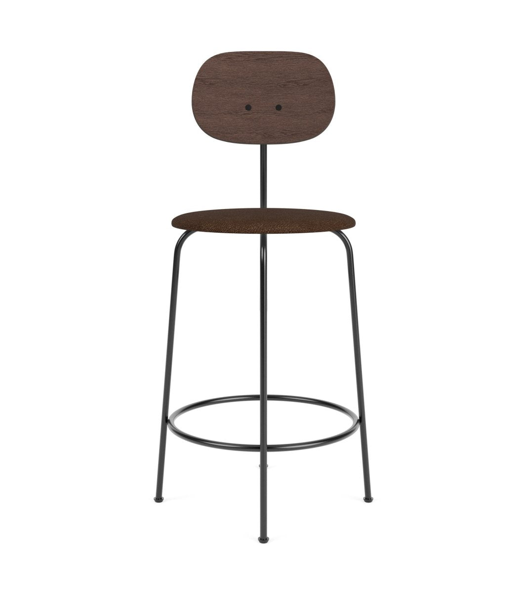 Afteroom Plus Bar & Counter Chair with dark-stained oak backrest, upholstered seat and black powder-coated steel frame.