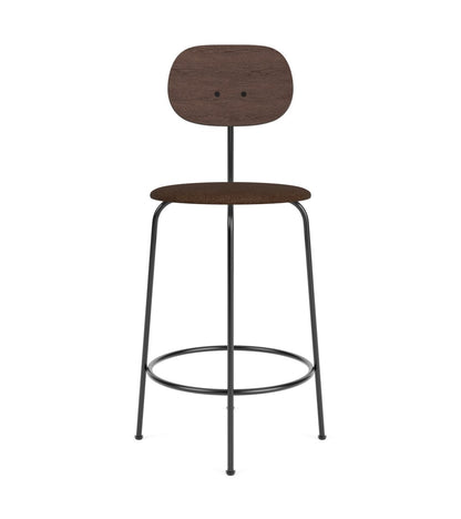 Afteroom Plus Bar & Counter Chair with dark-stained oak backrest, upholstered seat and black powder-coated steel frame.