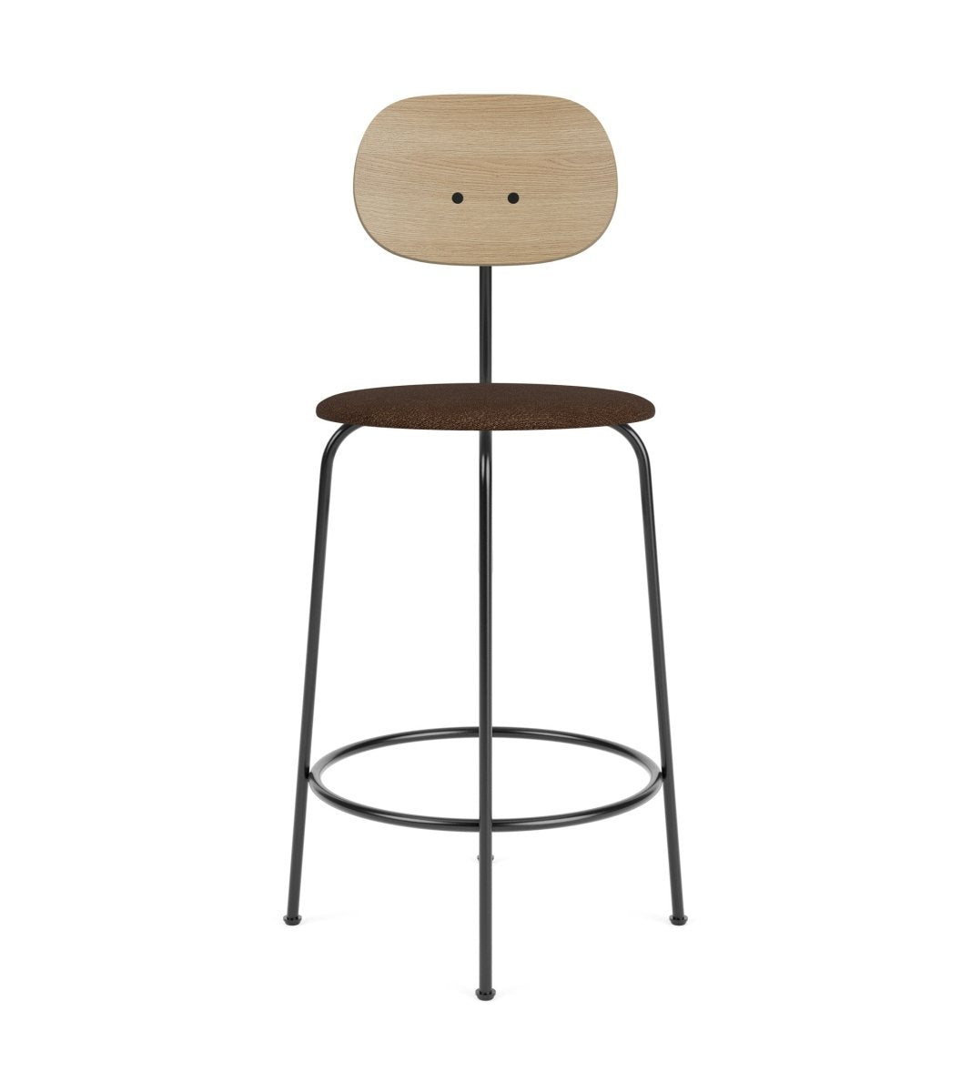 Afteroom Plus Bar & Counter Chair with a natural oak backrest and dark upholstered seat on a slender black steel frame.