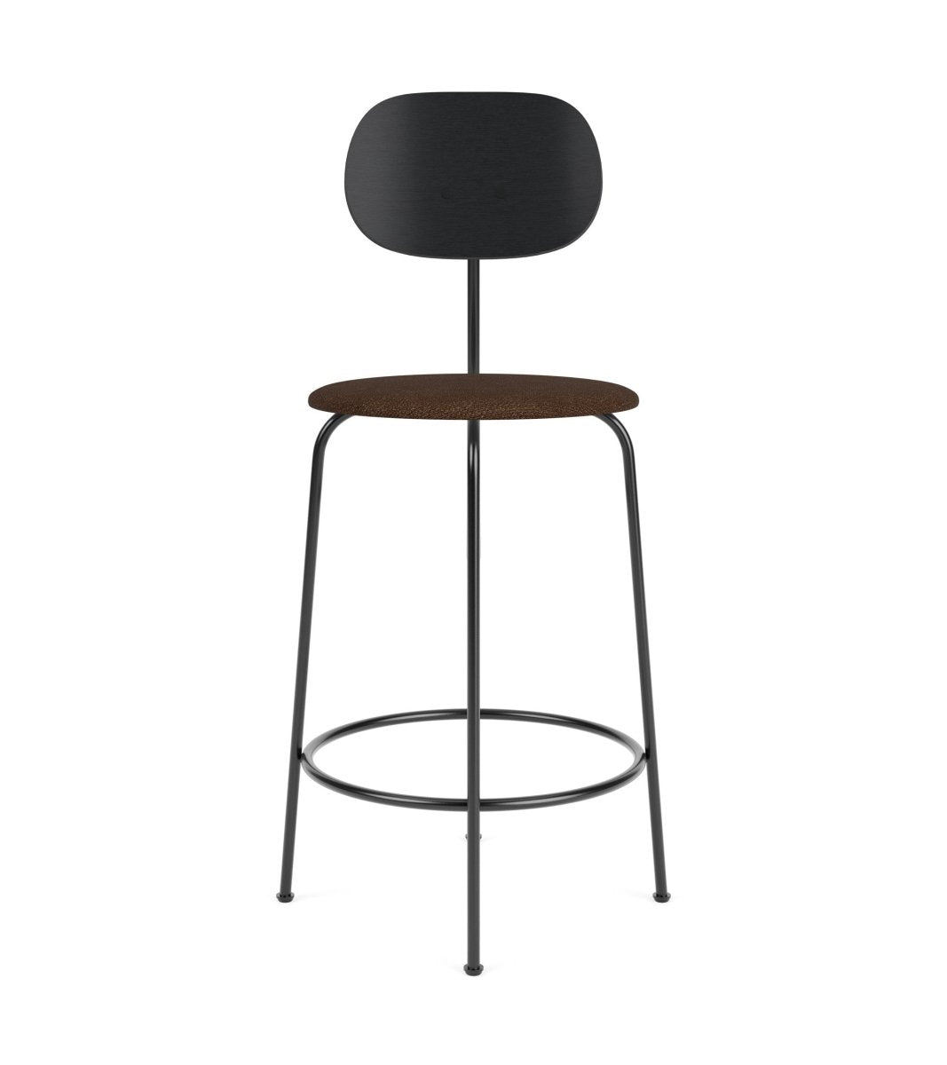 Afteroom Plus Bar & Counter Chair with a black oak backrest and brown bouclé seat on a minimalist black metal frame.