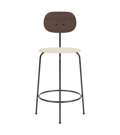 Afteroom Plus Bar & Counter Chair with a dark oak backrest, cream Jasmin upholstered seat and black powder-coated frame.
