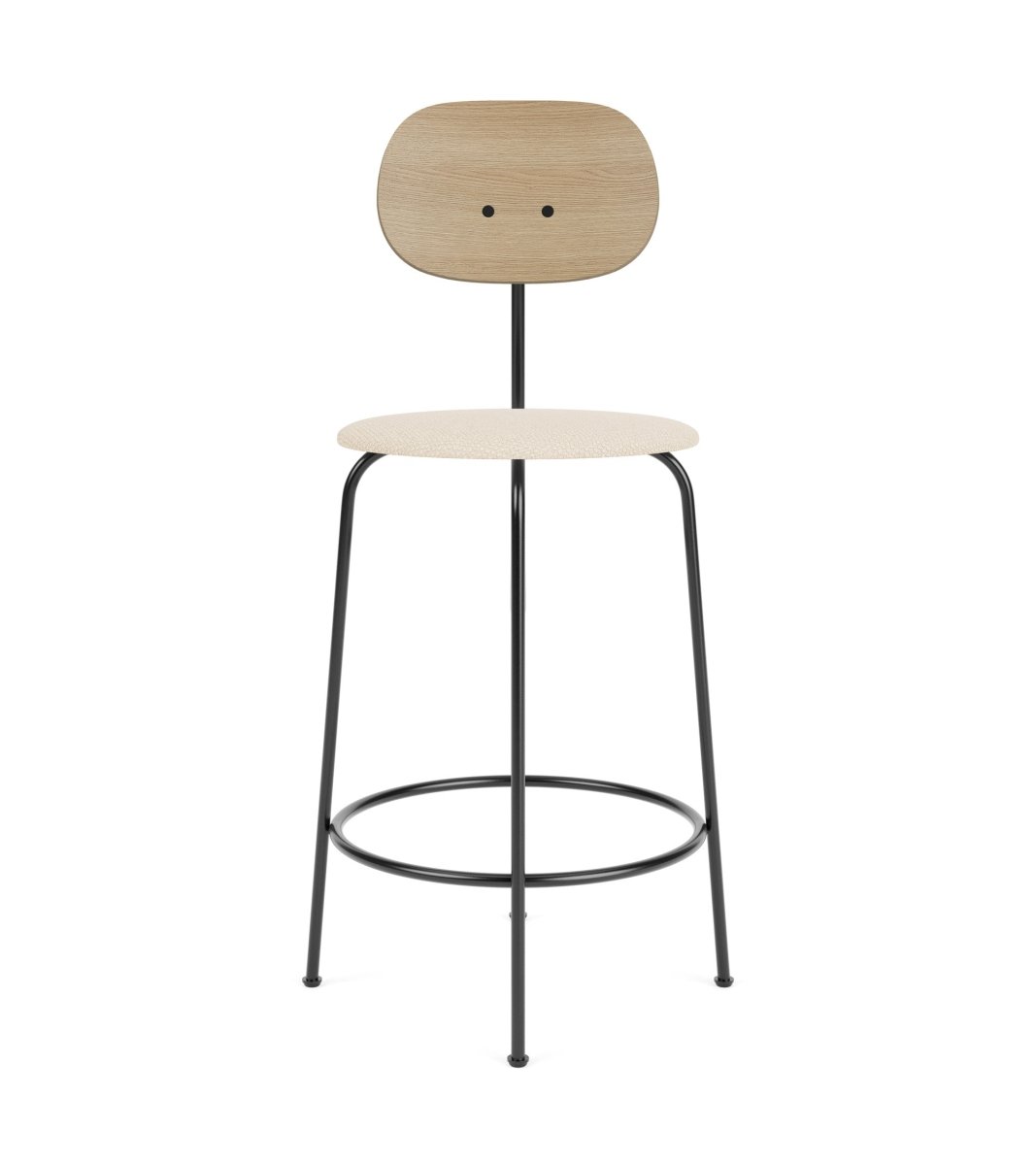 Afteroom Plus Bar & Counter Chair featuring an oak veneer backrest, beige upholstered seat, and powder-coated black frame.