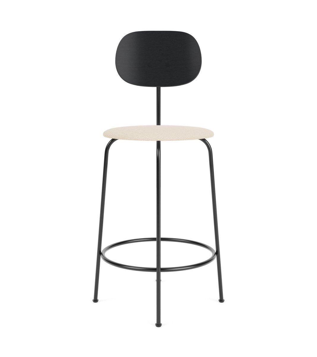 Afteroom Plus Bar & Counter Chair with a black powder-coated frame, cream upholstered seat, and black oak backrest.
