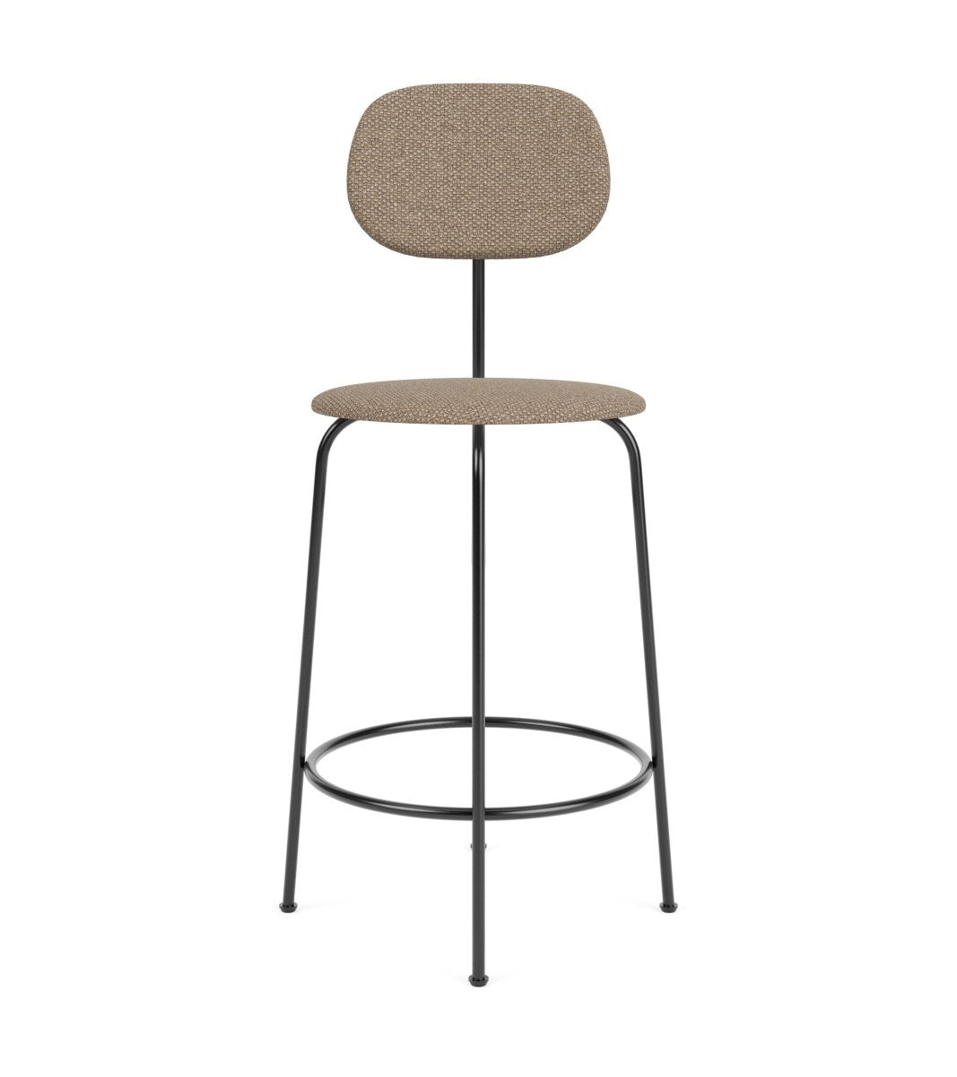 Afteroom Plus Bar & Counter Chair with a black steel frame and tan bouclé upholstery, shown from the front.