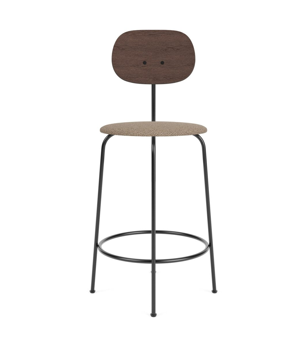 Afteroom Plus Bar Chair with a black powder-coated frame, dark oak backrest, and Logan Flint upholstered seat.