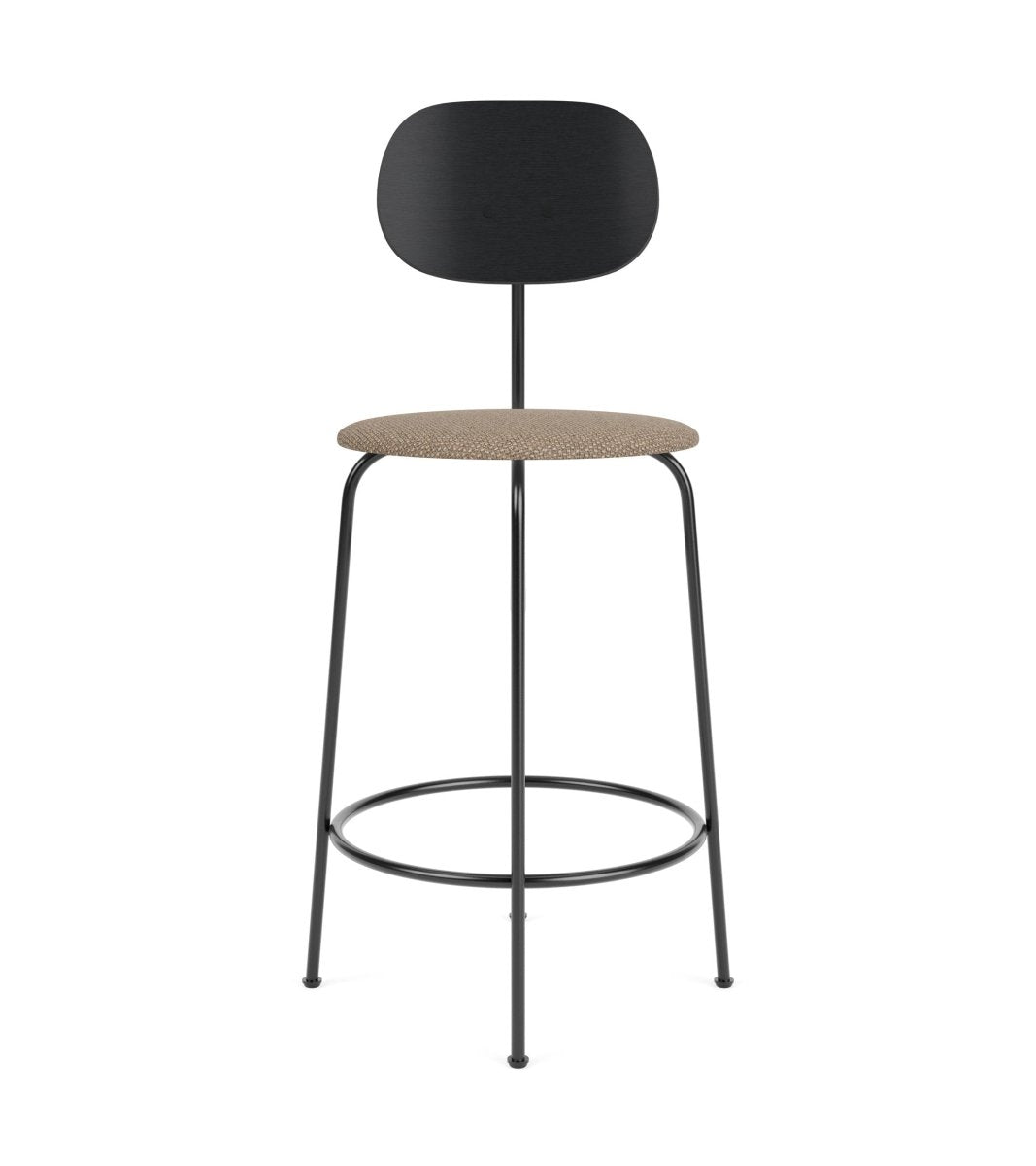 Afteroom Plus Bar & Counter Chair with a black oak backrest, Logan Flint upholstered seat, and black metal frame.