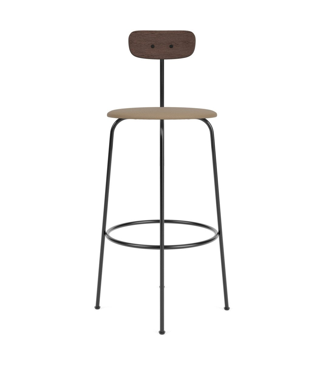Afteroom Bar Chair with a black steel frame, dark-stained oak backrest and tan leather seat, shown from the front.